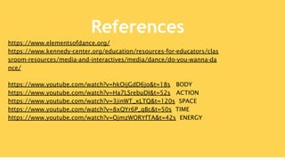 https://www.elementsofdance.org/
https://www.kennedy-center.org/education/resources-for-educators/clas
sroom-resources/media-and-interactives/media/dance/do-you-wanna-da
nce/
https://www.youtube.com/watch?v=hkOijGdD6jo&t=18s BODY
https://www.youtube.com/watch?v=Ha7LSrebuDI&t=52s ACTION
https://www.youtube.com/watch?v=3jinWT_xLTQ&t=120s SPACE
https://www.youtube.com/watch?v=8xQYr6P_qBc&t=50s TIME
https://www.youtube.com/watch?v=OjmzWORYfTA&t=42s ENERGY
References
 