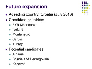 Future expansion
   Aceeding country: Croatia (July 2013)
   Candidate countries:
       FYR Macedonia
       Iceland
       Montenegro
       Serbia
       Turkey
   Potential candidates
       Albania
       Bosnia and Herzegovina
       Kosovo*
 