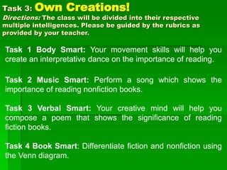 Task 3: Own Creations!
Directions: The class will be divided into their respective
multiple intelligences. Please be guided by the rubrics as
provided by your teacher.
Task 1 Body Smart: Your movement skills will help you
create an interpretative dance on the importance of reading.
Task 2 Music Smart: Perform a song which shows the
importance of reading nonfiction books.
Task 3 Verbal Smart: Your creative mind will help you
compose a poem that shows the significance of reading
fiction books.
Task 4 Book Smart: Differentiate fiction and nonfiction using
the Venn diagram.
 