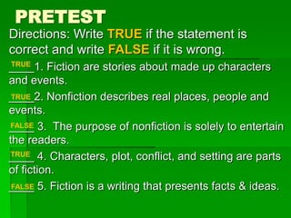 PRETEST
Directions: Write TRUE if the statement is
correct and write FALSE if it is wrong.
____1. Fiction are stories about made up characters
and events.
____2. Nonfiction describes real places, people and
events.
____ 3. The purpose of nonfiction is solely to entertain
the readers.
____ 4. Characters, plot, conflict, and setting are parts
of fiction.
____ 5. Fiction is a writing that presents facts & ideas.
TRUE
TRUE
TRUE
FALSE
FALSE
 
