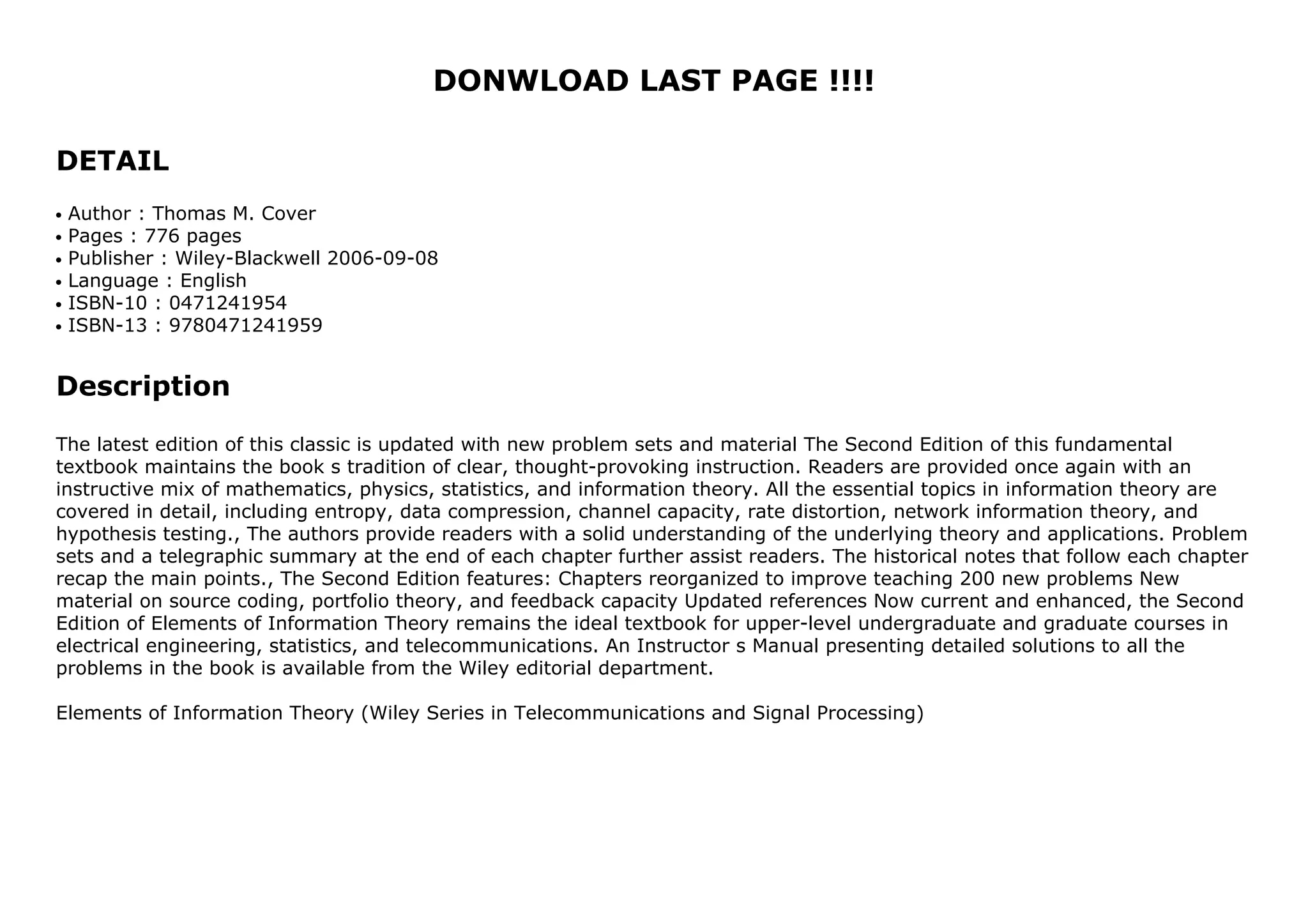 Elements of Information Theory (Wiley Series in Telecommunications and ...