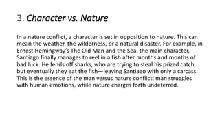 3. Character vs. Nature
In a nature conflict, a character is set in opposition to nature. This can
mean the weather, the wilderness, or a natural disaster. For example, in
Ernest Hemingway’s The Old Man and the Sea, the main character,
Santiago finally manages to reel in a fish after months and months of
bad luck. He fends off sharks, who are trying to steal his prized catch,
but eventually they eat the fish—leaving Santiago with only a carcass.
This is the essence of the man versus nature conflict: man struggles
with human emotions, while nature charges forth undeterred.
 