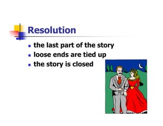 Resolution
 the last part of the story
 loose ends are tied up
 the story is closed
 