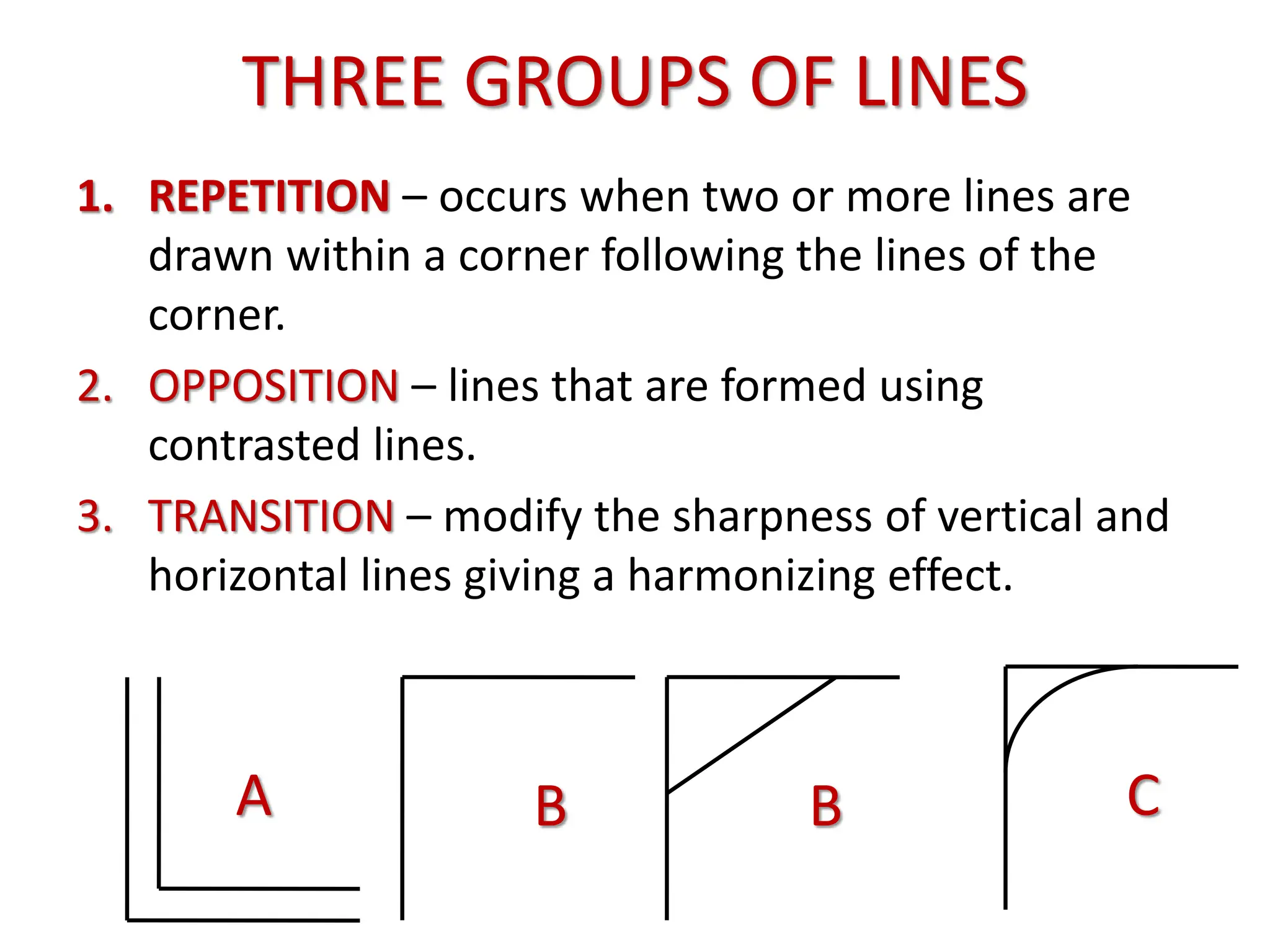 THREE GROUPS OF LINES
1. REPETITION – occurs when two or more lines are
drawn within a corner following the lines of the
corner.
2. OPPOSITION – lines that are formed using
contrasted lines.
3. TRANSITION – modify the sharpness of vertical and
horizontal lines giving a harmonizing effect.
A B C
B
 