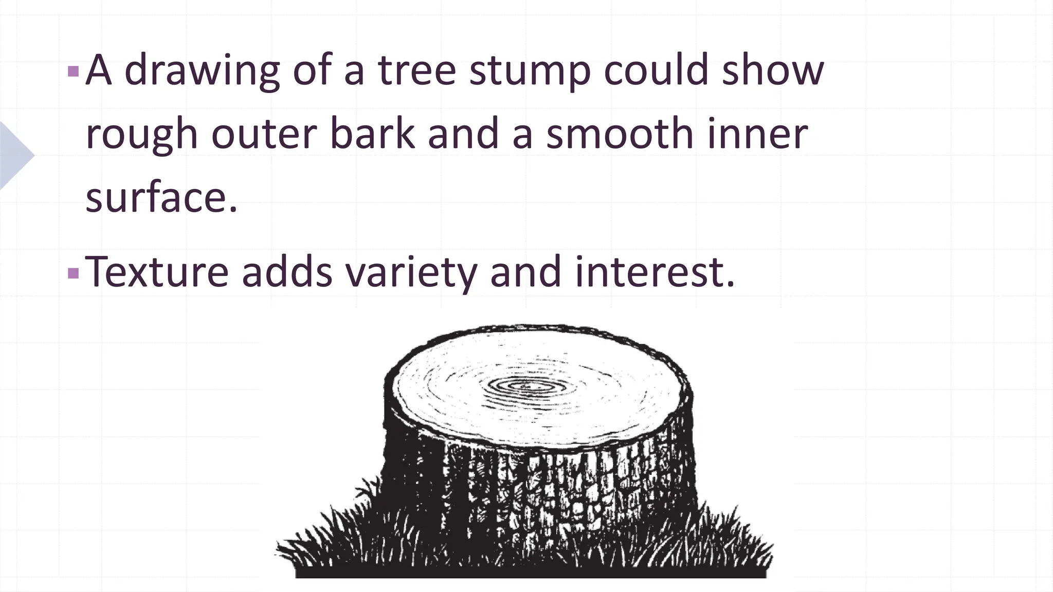 ▪A drawing of a tree stump could show
rough outer bark and a smooth inner
surface.
▪Texture adds variety and interest.
 