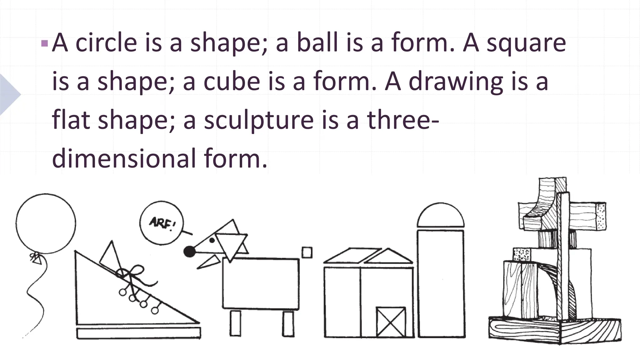 ▪A circle is a shape; a ball is a form. A square
is a shape; a cube is a form. A drawing is a
flat shape; a sculpture is a three-
dimensional form.
 