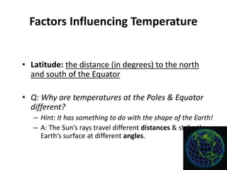 Factors Influencing Temperature
• Latitude: the distance (in degrees) to the north
and south of the Equator
• Q: Why are temperatures at the Poles & Equator
different?
– Hint: It has something to do with the shape of the Earth!
– A: The Sun’s rays travel different distances & strike the
Earth’s surface at different angles.
 