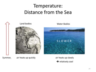 Temperature:
Distance from the Sea
24
Water BodiesLand bodies
S L O W E R
Summer, air heats up quickly air heats up slowly
 relatively cool
 