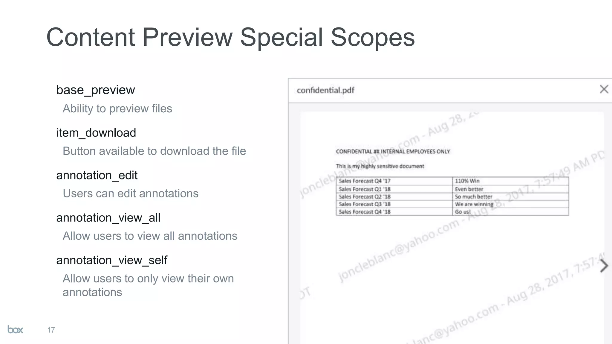 base_preview
Ability to preview files
item_download
Button available to download the file
annotation_edit
Users can edit annotations
annotation_view_all
Allow users to view all annotations
annotation_view_self
Allow users to only view their own
annotations
17
 