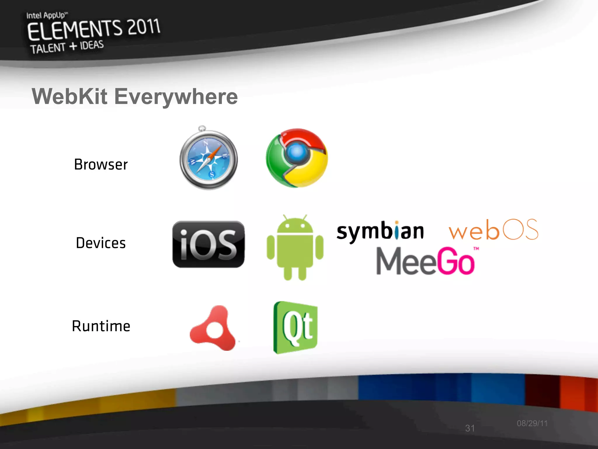 WebKit Everywhere

   Browser



   Devices




   Runtime




                         08/29/11
                    31
 