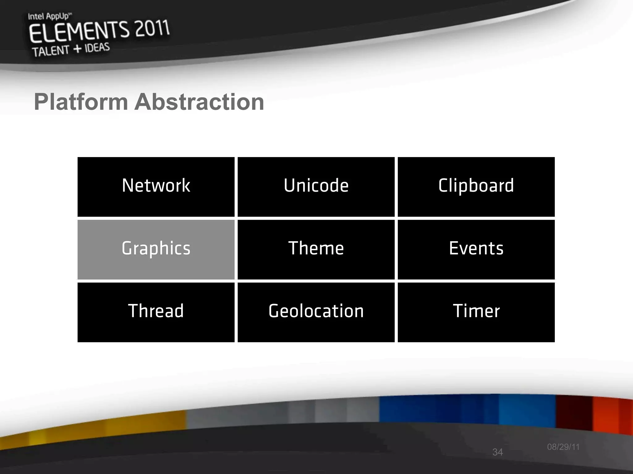 Platform Abstraction


       Network          Unicode      Clipboard


       Graphics          Theme        Events


        Thread         Geolocation    Timer




                                                 08/29/11
                                           34
 