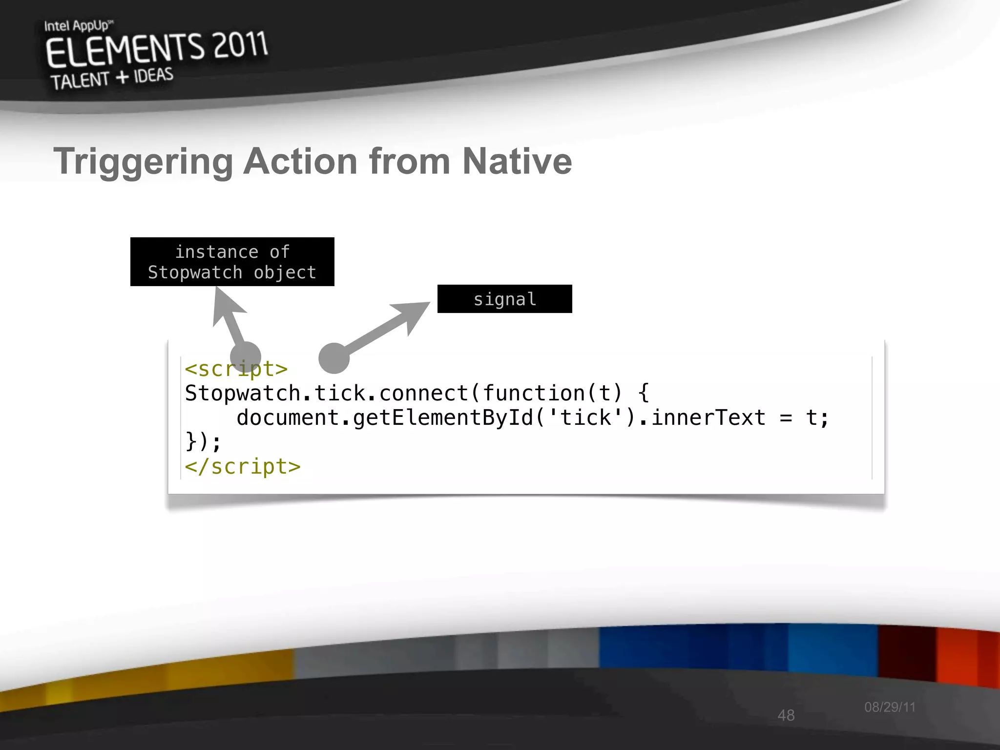 Triggering Action from Native

       instance of
     Stopwatch object
                              signal



        <script>
        Stopwatch.tick.connect(function(t) {
            document.getElementById('tick').innerText = t;
        });
        </script>




                                                             08/29/11
                                                     48
 