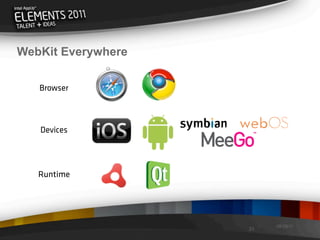WebKit Everywhere

   Browser



   Devices




   Runtime




                         08/29/11
                    31
 