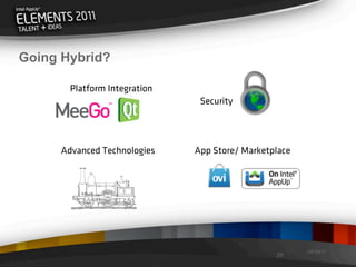 Going Hybrid?

       Platform Integration
                               Security




      Advanced Technologies   App Store/ Marketplace




                                                       08/29/11
                                                29
 