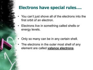 Electrons have special rules….
• You can’t just shove all of the electrons into the
first orbit of an electron.
• Electrons live in something called shells or
energy levels.
• Only so many can be in any certain shell.
• The electrons in the outer most shell of any
element are called valance electrons.
 