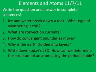 Elements and Atoms 11/7/11
Write the question and answer in complete
sentences!
1. Ice and water break down a rock. What type of
   weathering is this?
2. What are convection currents?
3. How do convergent boundaries move?
4. Why is the earth divided into layers?
5. Write down today’s LEQ: How can we determine
   the structure of an atom using the periodic table?
 