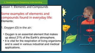 C. Developing and Deepening Understanding
Lesson 1: Elements and Compounds
Some examples of elements and
compounds found in everyday life:
Elements:
1. Oxygen (O) in the air:
• Oxygen is an essential element that makes
up about 21% of the Earth's atmosphere.
• It is vital for the respiration of living organisms
and is used in various industrial and medical
applications.
 
