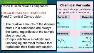 C. Developing and Deepening Understanding
Lesson 1: Elements and Compounds
CHARACTERISTICS OF COMPOUND
Fixed Chemical Composition:
• The relative amounts of the different
atoms in a compound are always
the same, regardless of the sample
size or source.
• Compounds have a definite and
unchanging chemical formula that
represents their fixed composition.
 