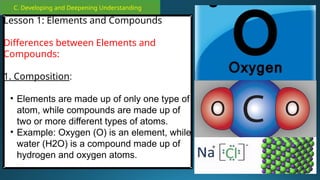 C. Developing and Deepening Understanding
Lesson 1: Elements and Compounds
Differences between Elements and
Compounds:
1. Composition:
• Elements are made up of only one type of
atom, while compounds are made up of
two or more different types of atoms.
• Example: Oxygen (O) is an element, while
water (H2O) is a compound made up of
hydrogen and oxygen atoms.
 