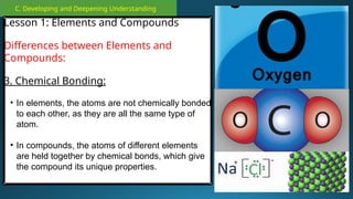 C. Developing and Deepening Understanding
Lesson 1: Elements and Compounds
Differences between Elements and
Compounds:
3. Chemical Bonding:
• In elements, the atoms are not chemically bonded
to each other, as they are all the same type of
atom.
• In compounds, the atoms of different elements
are held together by chemical bonds, which give
the compound its unique properties.
 