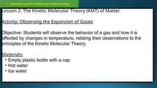 C. Developing and Deepening Understanding
Lesson 2: The Kinetic Molecular Theory (KMT) of Matter
Activity: Observing the Expansion of Gases
Objective: Students will observe the behavior of a gas and how it is
affected by changes in temperature, relating their observations to the
principles of the Kinetic Molecular Theory.
Materials:
• Empty plastic bottle with a cap
• Hot water
• Ice water
 