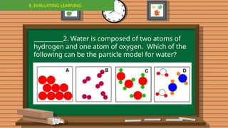 E. EVALUATING LEARNING
E. EVALUATING LEARNING
__________2. Water is composed of two atoms of
hydrogen and one atom of oxygen. Which of the
following can be the particle model for water?
 