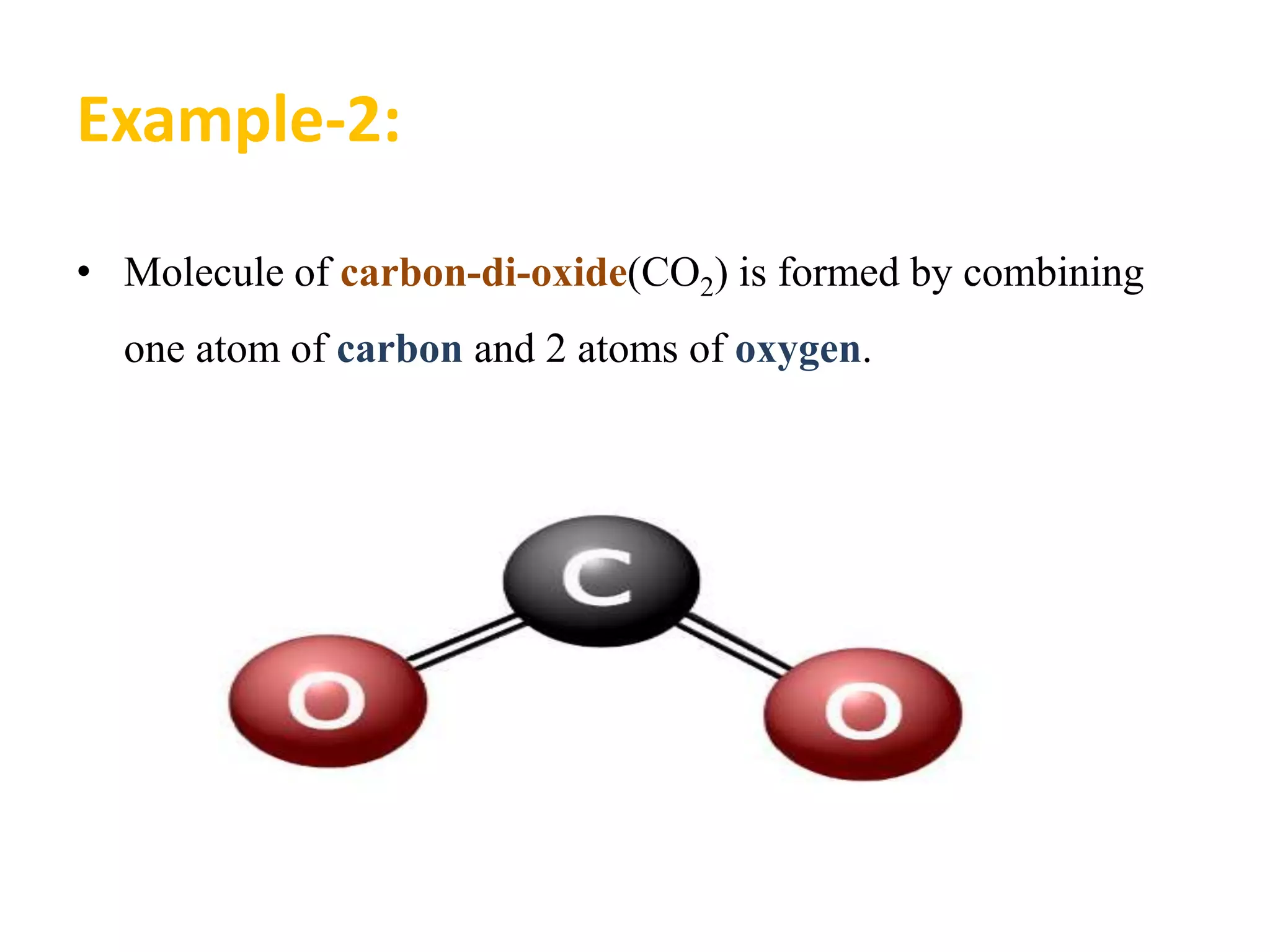 Example-2:
• Molecule of carbon-di-oxide(CO2) is formed by combining
one atom of carbon and 2 atoms of oxygen.
 