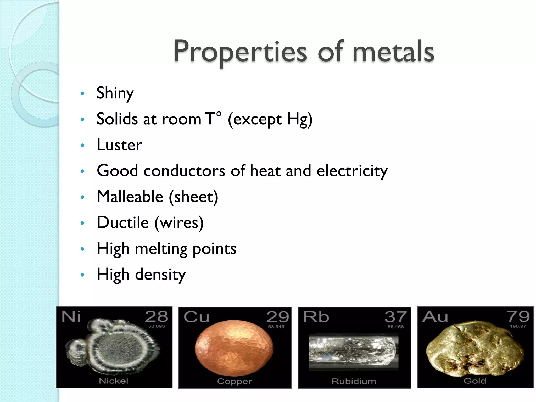 Properties of metals 
•Shiny 
•Solids at room T° (except Hg) 
•Luster 
•Good conductors of heat and electricity 
•Malleable (sheet) 
•Ductile (wires) 
•High melting points 
•High density  