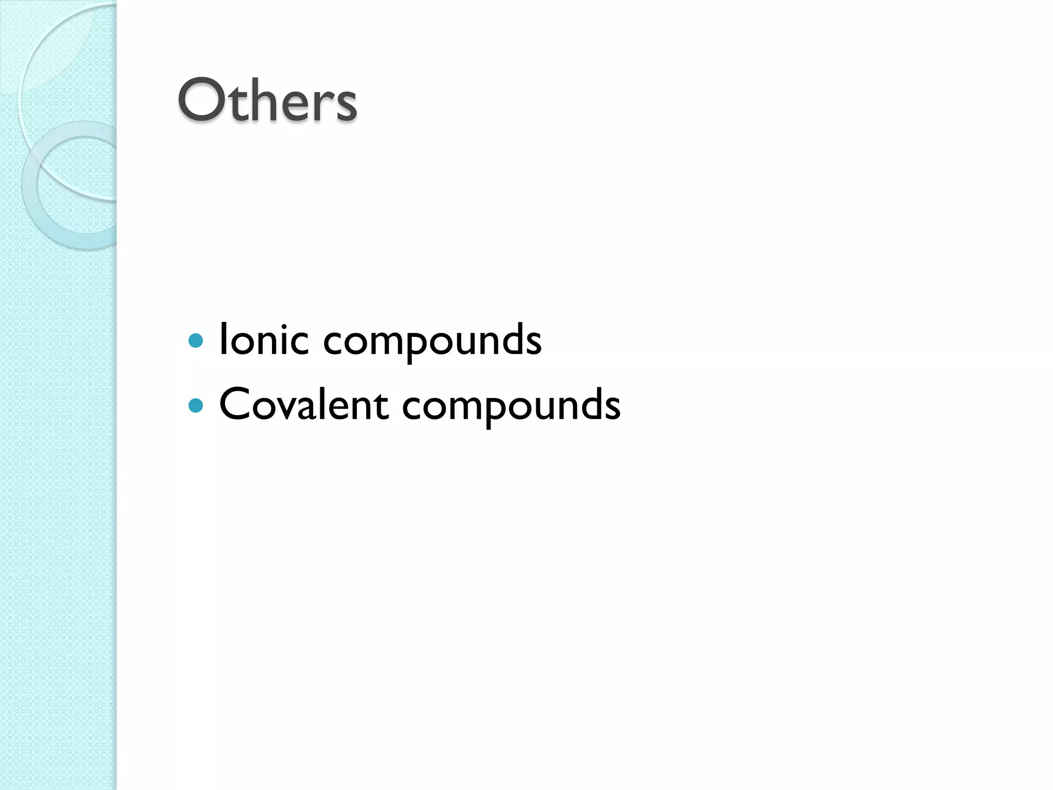 Others 
Ionic compounds 
Covalent compounds  