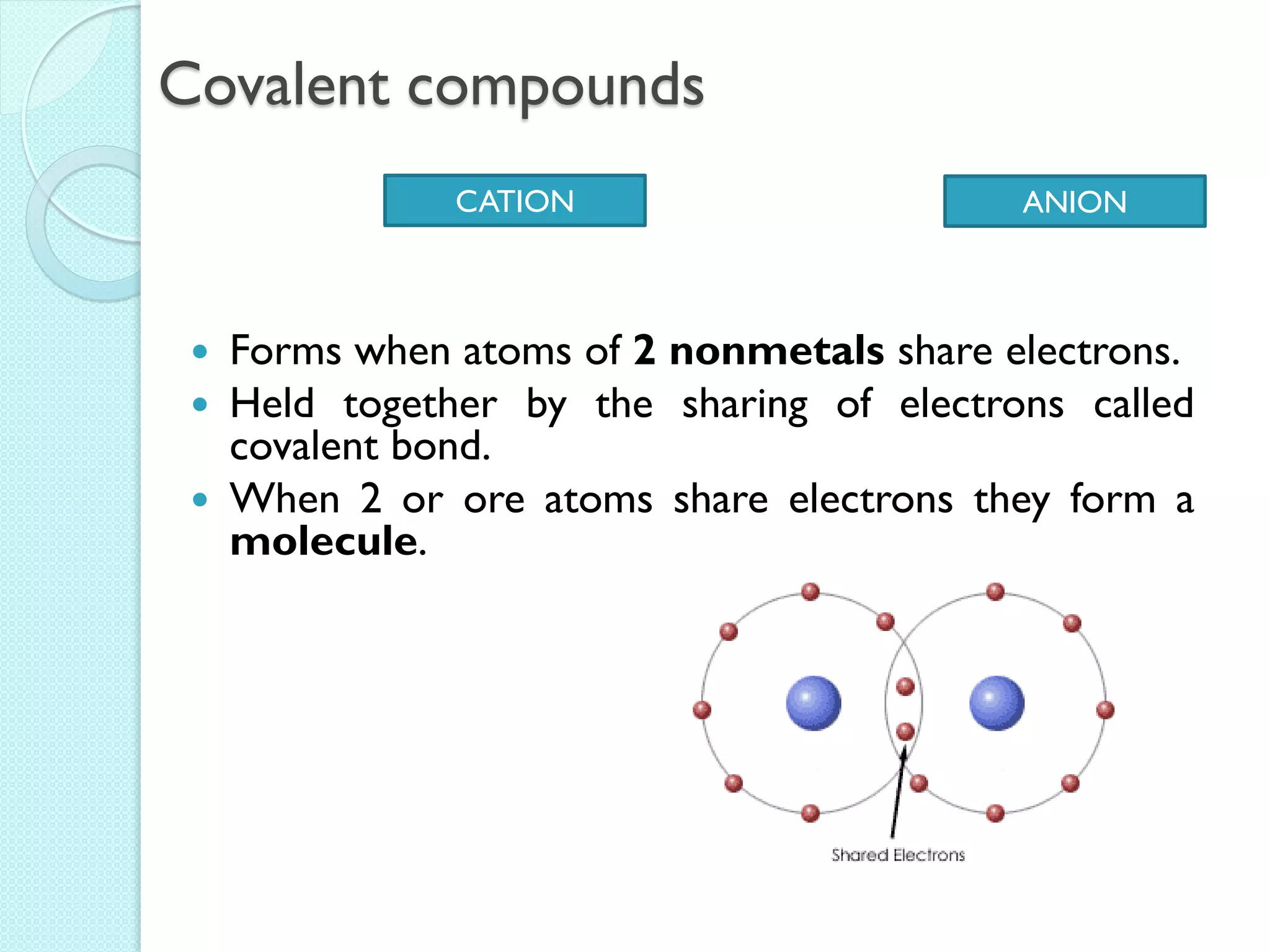 Covalent compounds 
Forms when atoms of 2 nonmetals share electrons. 
Held together by the sharing of electrons called covalent bond. 
When 2 or ore atoms share electrons they form a molecule. 
CATION 
ANION  