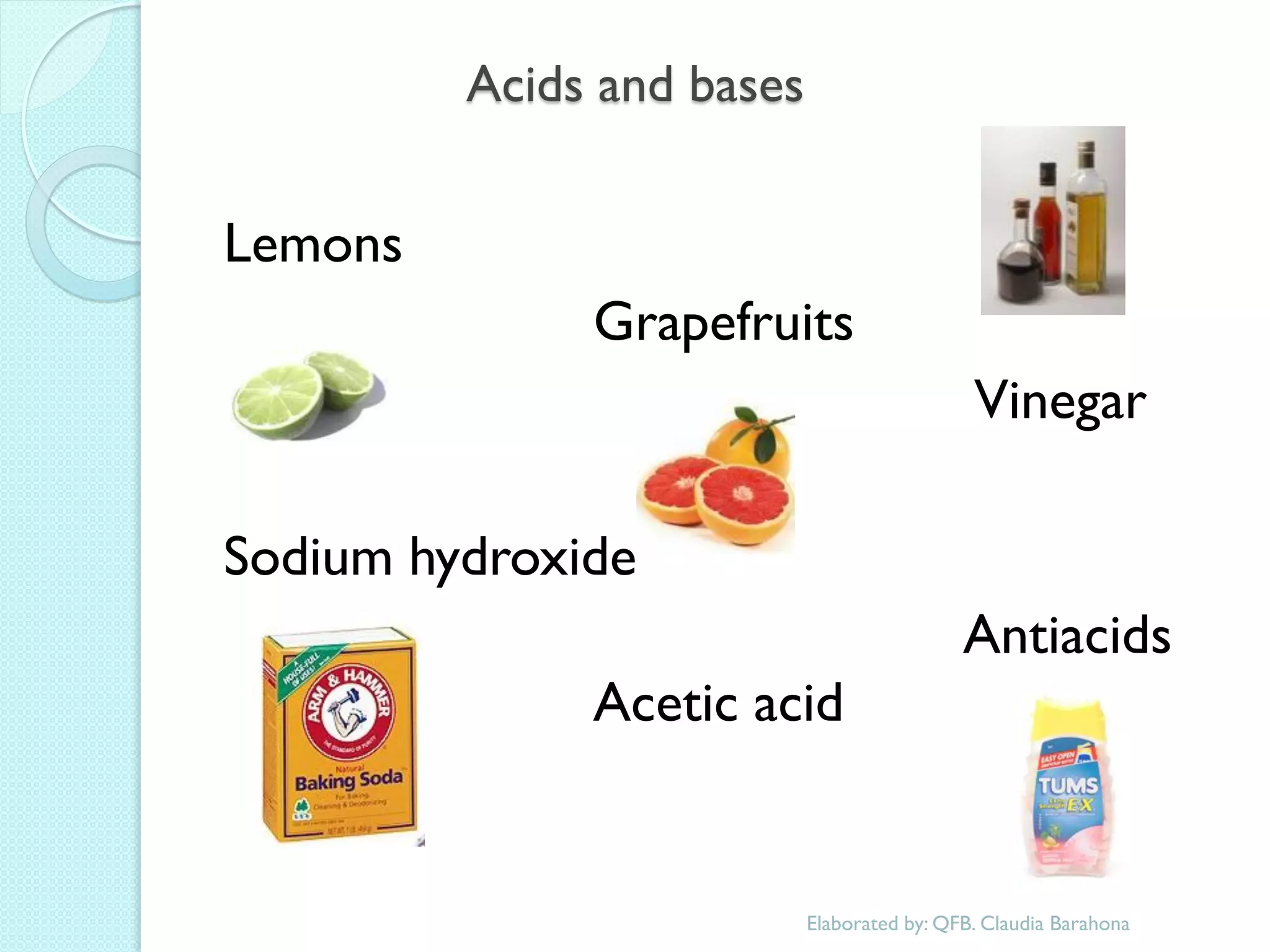 Acids and bases 
Lemons 
Grapefruits 
Vinegar 
Sodium hydroxide 
Antiacids Acetic acid 
Elaborated by: QFB. Claudia Barahona  