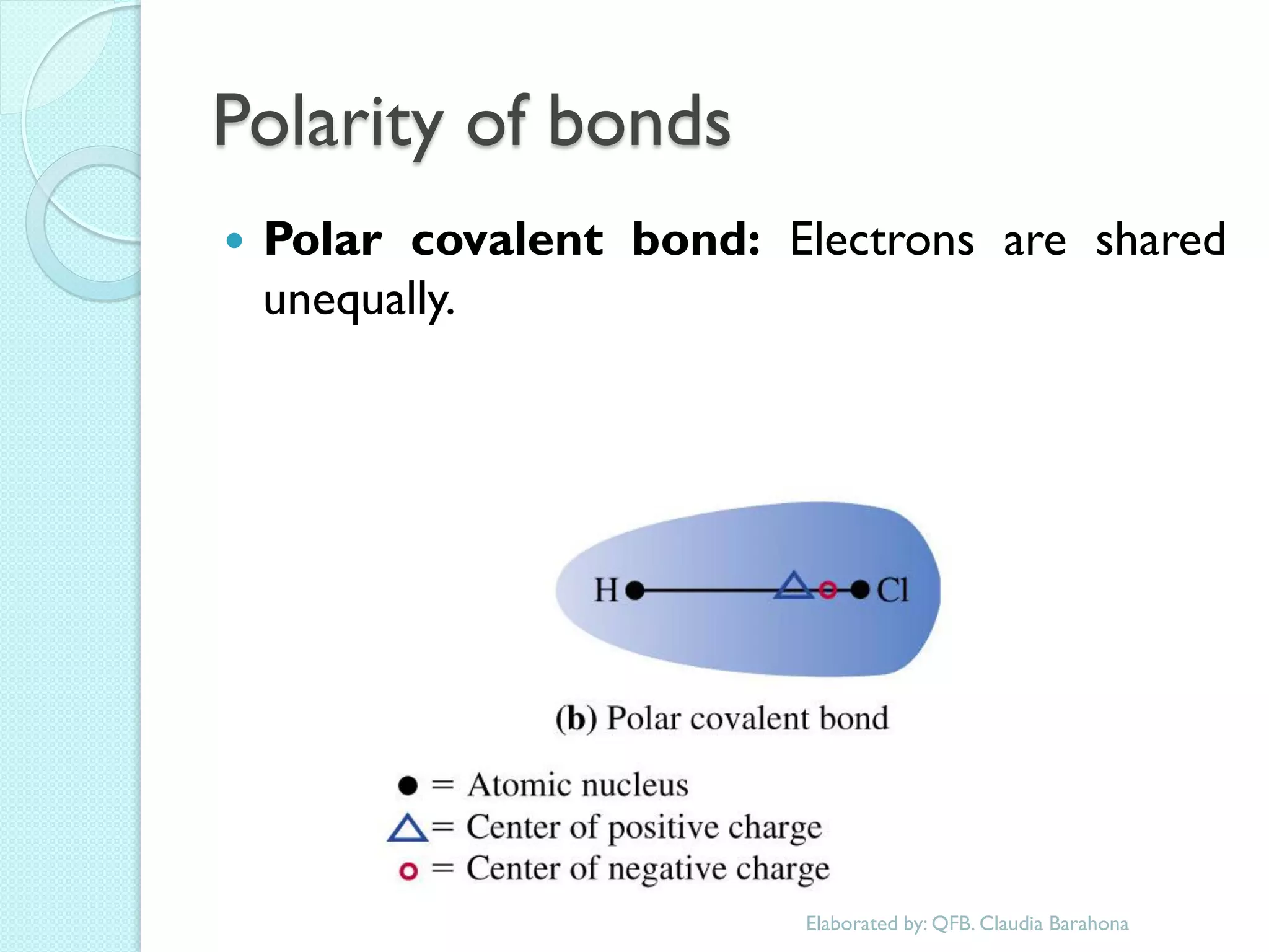 Polarity of bonds 
Polar covalent bond: Electrons are shared unequally. 
Elaborated by: QFB. Claudia Barahona  