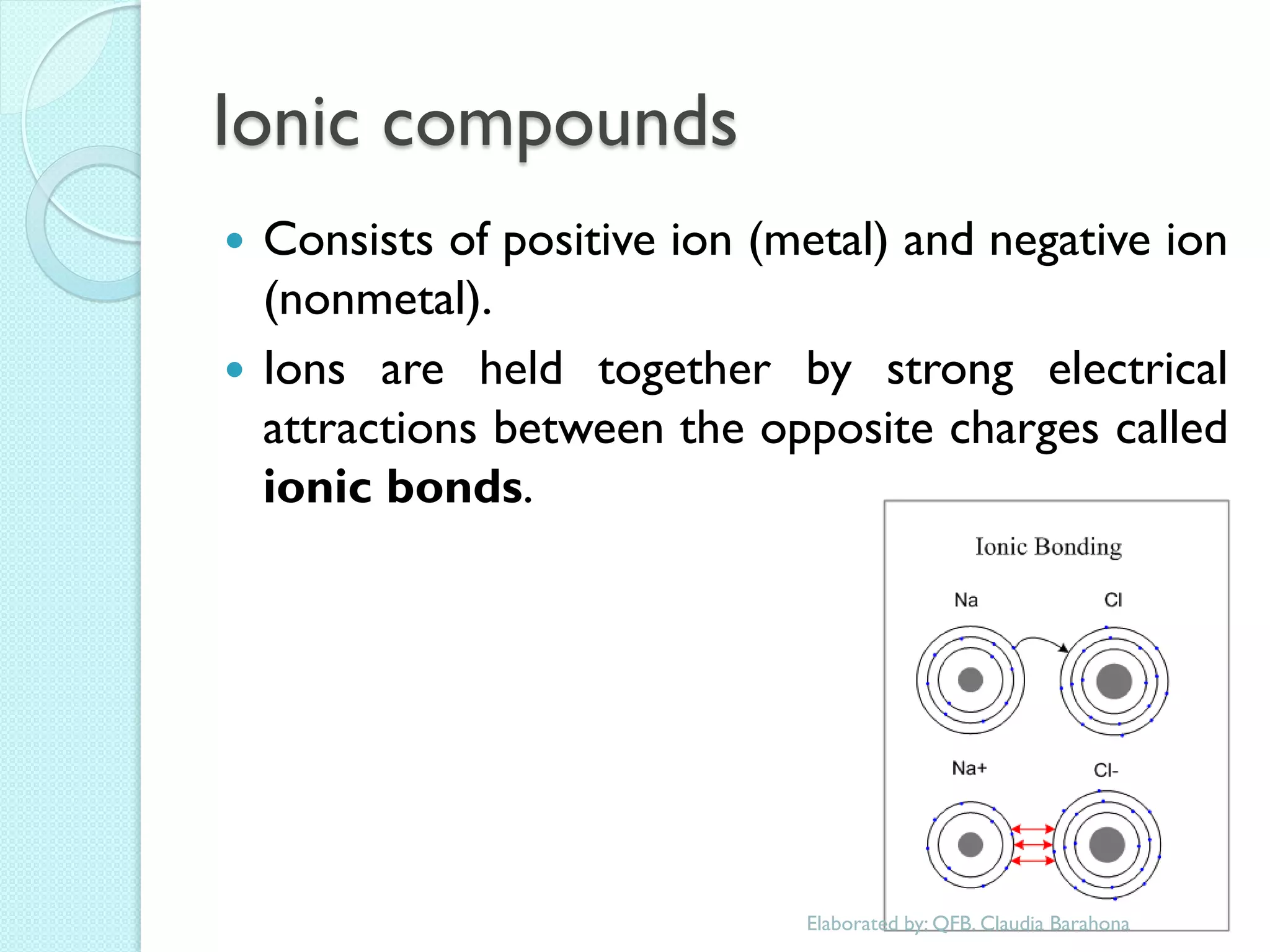 Ionic compounds 
Consists of positive ion (metal) and negative ion (nonmetal). 
Ions are held together by strong electrical attractions between the opposite charges called ionic bonds. 
Elaborated by: QFB. Claudia Barahona  
