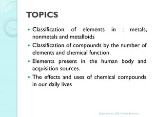 TOPICS 
Classification of elements in : metals, nonmetals and metalloids 
Classification of compounds by the number of elements and chemical function. 
Elements present in the human body and acquisition sources. 
The effects and uses of chemical compounds in our daily lives 
Elaborated by: QFB. Claudia Barahona  