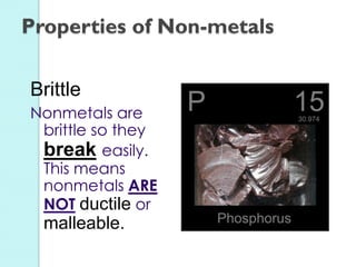 Brittle 
Nonmetals are brittle so they break easily. This means nonmetals ARE NOT ductile or malleable. 
Properties of Non-metals  