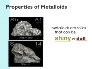 Metalloids are solids that can be shiny or dull. 
Properties of Metalloids  