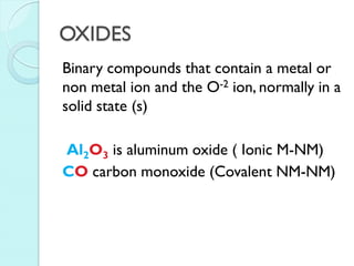 OXIDES 
Binary compounds that contain a metal or non metal ion and the O-2 ion, normally in a solid state (s) 
Al2O3 is aluminum oxide ( Ionic M-NM) 
CO carbon monoxide (Covalent NM-NM)  