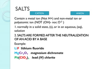 SALTS 
Contain a metal ion (Not H+) and non-metal ion or polyatomic ion (NOT (OH)- nor, O-2 ) 
1. normally in a solid state, (s), or in an aqueous, (aq), solution 
2. SALTS ARE FORMED AFTER THE NEUTRALIZATION OF AN ACID BY A BASE 
Example: 
LiF lithium fluoride 
MgCr2O7 magnesium dichromate 
Pb(ClO3)4 lead (IV) chlorite 
CATION 
ANION  