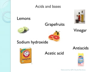 Acids and bases 
Lemons 
Grapefruits 
Vinegar 
Sodium hydroxide 
Antiacids Acetic acid 
Elaborated by: QFB. Claudia Barahona  