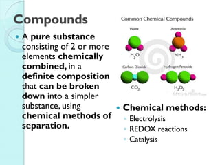 Compounds 
A pure substance consisting of 2 or more elements chemically combined, in a definite composition that can be broken down into a simpler substance, using chemical methods of separation. 
Chemical methods: 
◦Electrolysis 
◦REDOX reactions 
◦Catalysis  