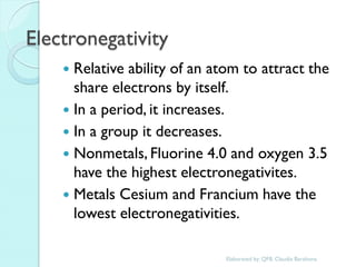 Electronegativity 
Relative ability of an atom to attract the share electrons by itself. 
In a period, it increases. 
In a group it decreases. 
Nonmetals, Fluorine 4.0 and oxygen 3.5 have the highest electronegativites. 
Metals Cesium and Francium have the lowest electronegativities. 
Elaborated by: QFB. Claudia Barahona  