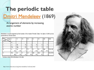 Dmitri Mendeleev (1869) 
http://www.chem.msu.su/eng/misc/mendeleev/welcome.html 
The periodic table 
Arrangement of elements by increasing 
atomic number 
 