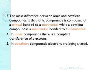 3. The main difference between ionic and covalent compounds is that ionic compounds is composed of a metal bonded to a nonmetal while a covalent compound is a nonmetal bonded to a nonmetal. 
4. In ionic compounds there is a complete transference of electrons. 
5. In covalent compounds electrons are being shared. 
Elaborated by: QFB. Claudia Barahona  