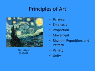 Principles of ArtBalanceEmphasisProportionMovementRhythm, Repetition, and PatternVarietyUnityStarry NightVan Gogh