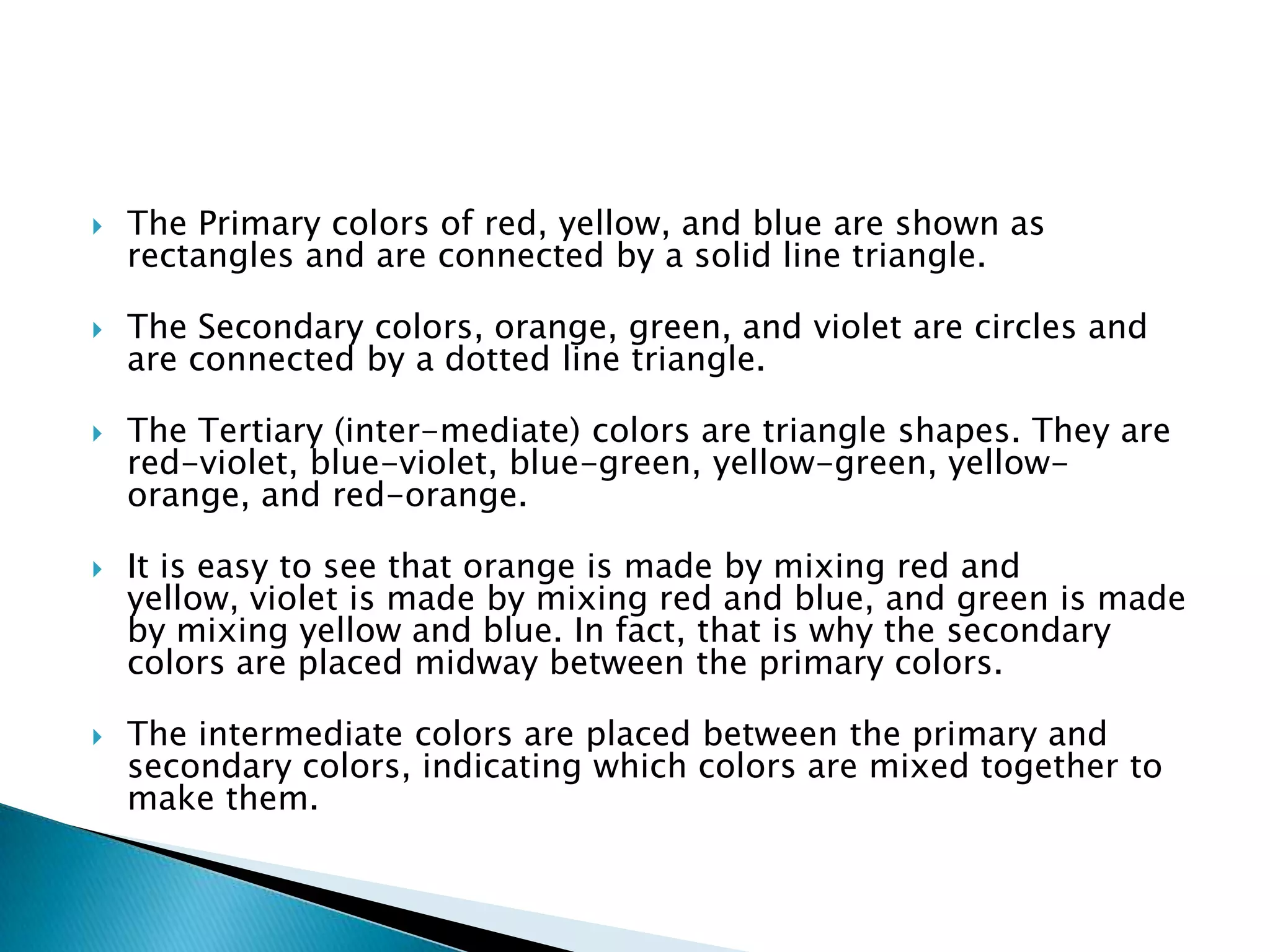    The Primary colors of red, yellow, and blue are shown as
    rectangles and are connected by a solid line triangle.

   The Secondary colors, orange, green, and violet are circles and
    are connected by a dotted line triangle.

   The Tertiary (inter-mediate) colors are triangle shapes. They are
    red-violet, blue-violet, blue-green, yellow-green, yellow-
    orange, and red-orange.

   It is easy to see that orange is made by mixing red and
    yellow, violet is made by mixing red and blue, and green is made
    by mixing yellow and blue. In fact, that is why the secondary
    colors are placed midway between the primary colors.

   The intermediate colors are placed between the primary and
    secondary colors, indicating which colors are mixed together to
    make them.
 