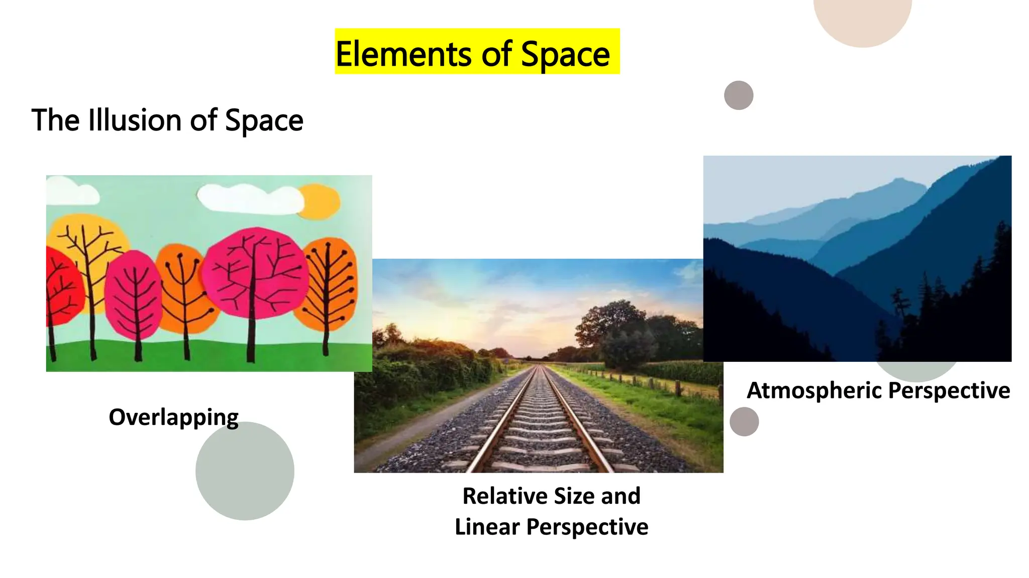 The Illusion of Space
Overlapping
Relative Size and
Linear Perspective
Atmospheric Perspective
Elements of Space
 