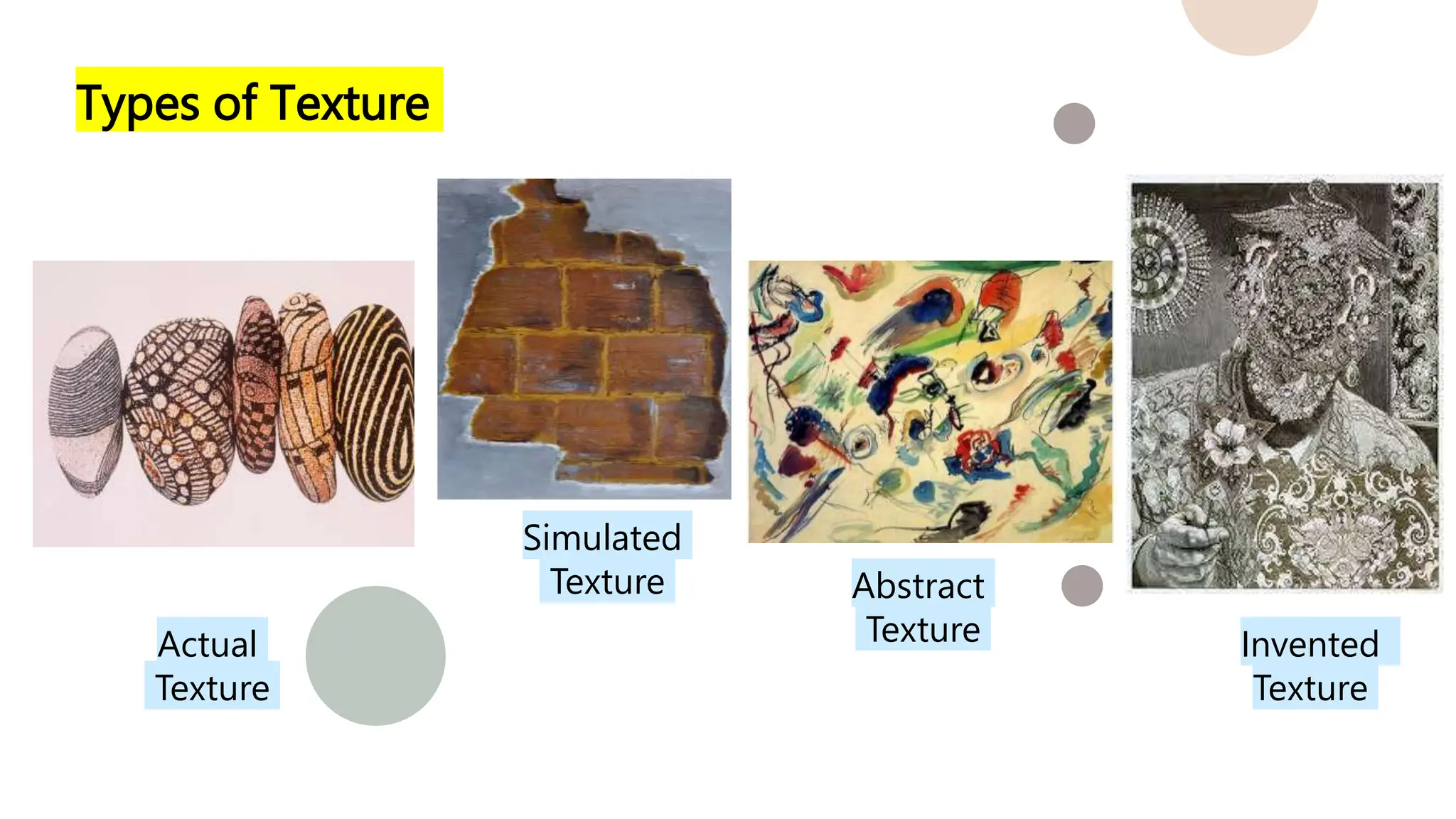 Types of Texture
Simulated
Texture Abstract
Texture
Actual
Texture
Invented
Texture
 