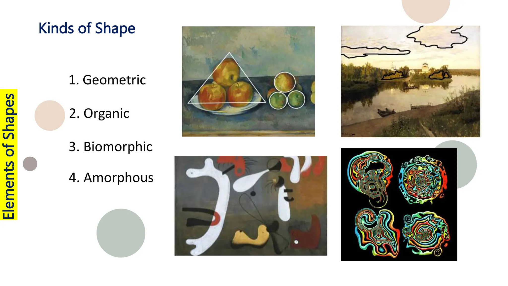 Kinds of Shape
4. Amorphous
Elements
of
Shapes
1. Geometric
2. Organic
3. Biomorphic
 
