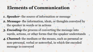 Elements of Communication
1. Speaker- the source of information or message
2. Message- the information, ideas, or thoughts conveyed by
the speaker in words or in actions
3. Encoding-the process of converting the message into
words, actions, or other forms that the speaker understands
4. Channel- the medium or the means, such as personal or
non-personal, verbal or nonverbal, in which the encoded
message is conveyed
 
