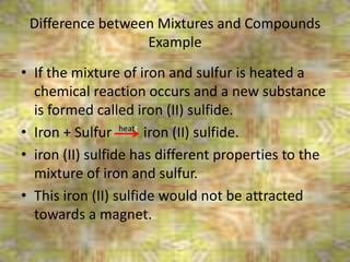 • If the mixture of iron and sulfur is heated a
chemical reaction occurs and a new substance
is formed called iron (II) sulfide.
• Iron + Sulfur iron (II) sulfide.
• iron (II) sulfide has different properties to the
mixture of iron and sulfur.
• This iron (II) sulfide would not be attracted
towards a magnet.
6/26/2015
Difference between Mixtures and Compounds
Example
heatt
 